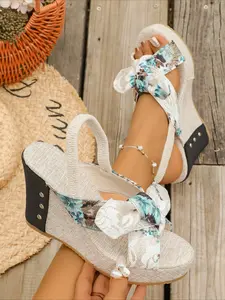 Bohemian Print Bow Wedge Heel Sandals for Women, Summer Platform Elastic Back Strap Height Boosting Slides