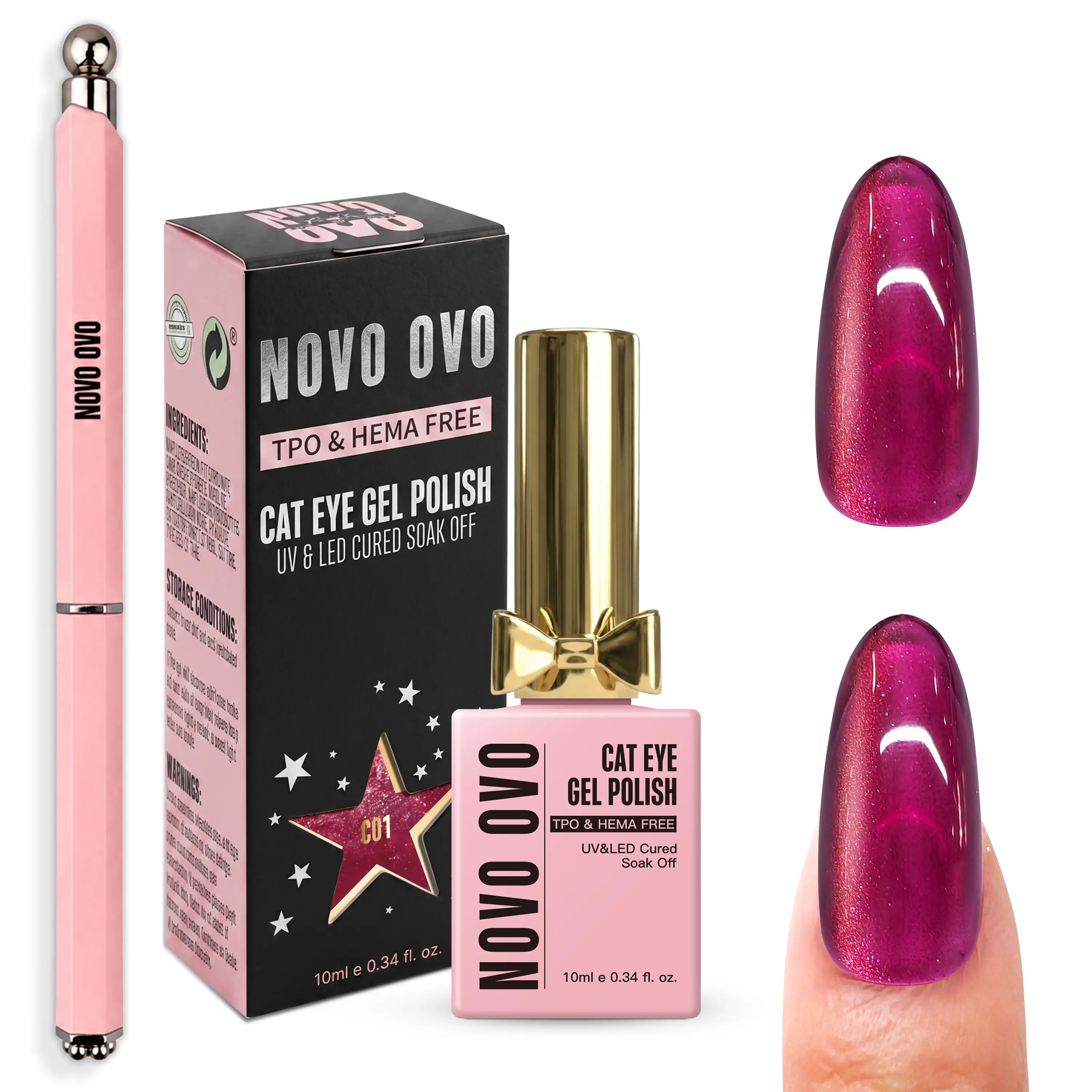 NOVO OVO Cat-Eye Magnetic Gel Polish (5 Shades, 10ml) - TPO & HEMA-Free Salon-Quality Holographic Shimmer Shine Glitter Formula, Includes Magnet, Ideal for DIY Nails, Finger Nail Art & Care