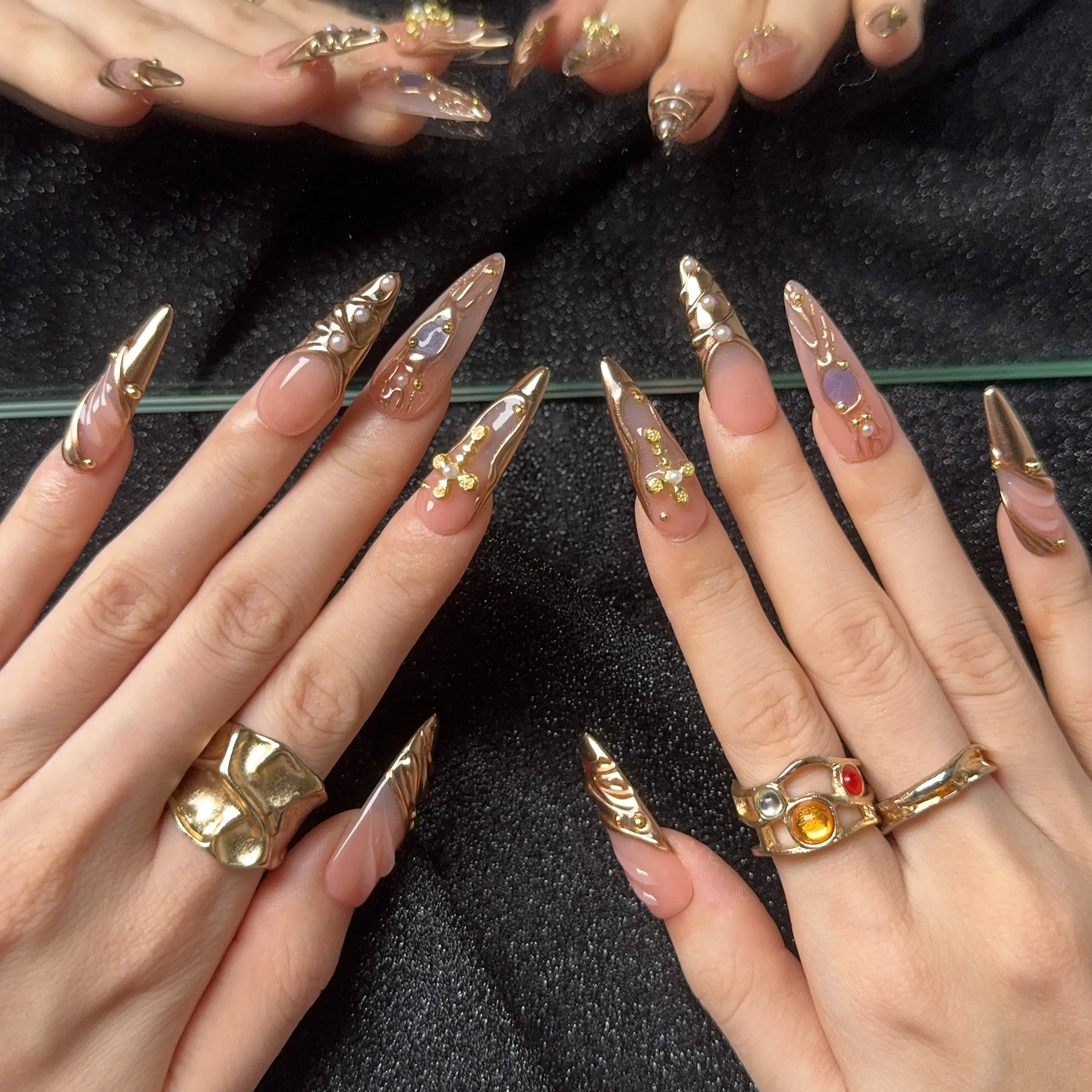 UltraBaddie "Holy Rebellion" | 100% Handcrafted 3D Gold Chrome Cross Press-On Nails | Luxury Gothic Pearl Long Stiletto Nails | Reusable Salon Quality