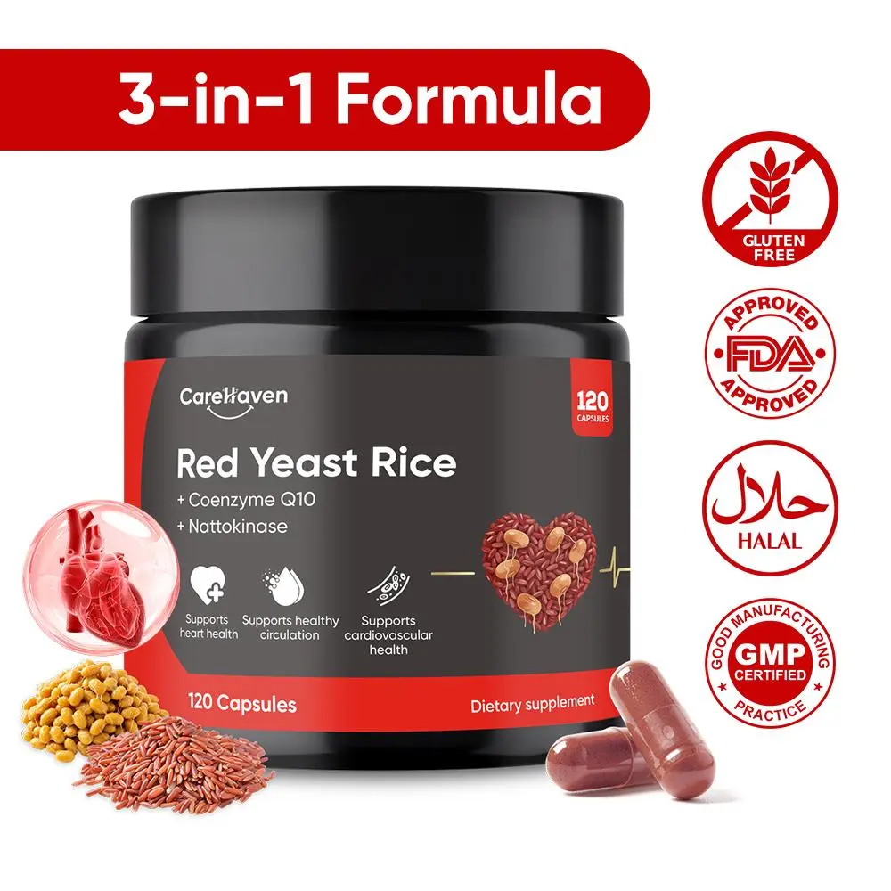 1000mg Red Yeast Rice Capsules, Citrinin-Free Edible Natural Supplement for Cholesterol, Heart Health Support, Fitness Healthcare Dietary Aid, with Nattokinase coenzyme Q10,120 Vegan Capsules