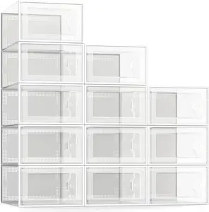 12 Pack Shoe Storage Box, Clear Plastic Stackable Shoe Organizer for Closet, Space Saving Foldable Shoe Rack Sneaker Container Bin Holder