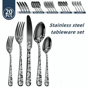 Stainless Steel Cutlery Sets with Chopsticks - 4 Sets (20 Pieces Total) Featuring Decorative Patterns