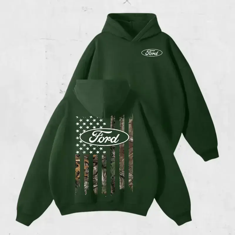 Ford Trucks Camo Hoodie– Vintage Ford USA Flag Graphic Shirt, Classic American Truck Streetwear for Men & Women, Perfect Gift for Pickup & Country Fans