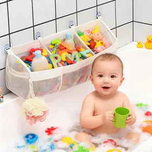 Bath Toy Storage Organizer for Tub - 3 Compartment Large Quick-Drying Mesh Bath Toy Holder, Bathroom Toy Storage for Kids, Toddler & Baby Bathtub with Strong Hooks