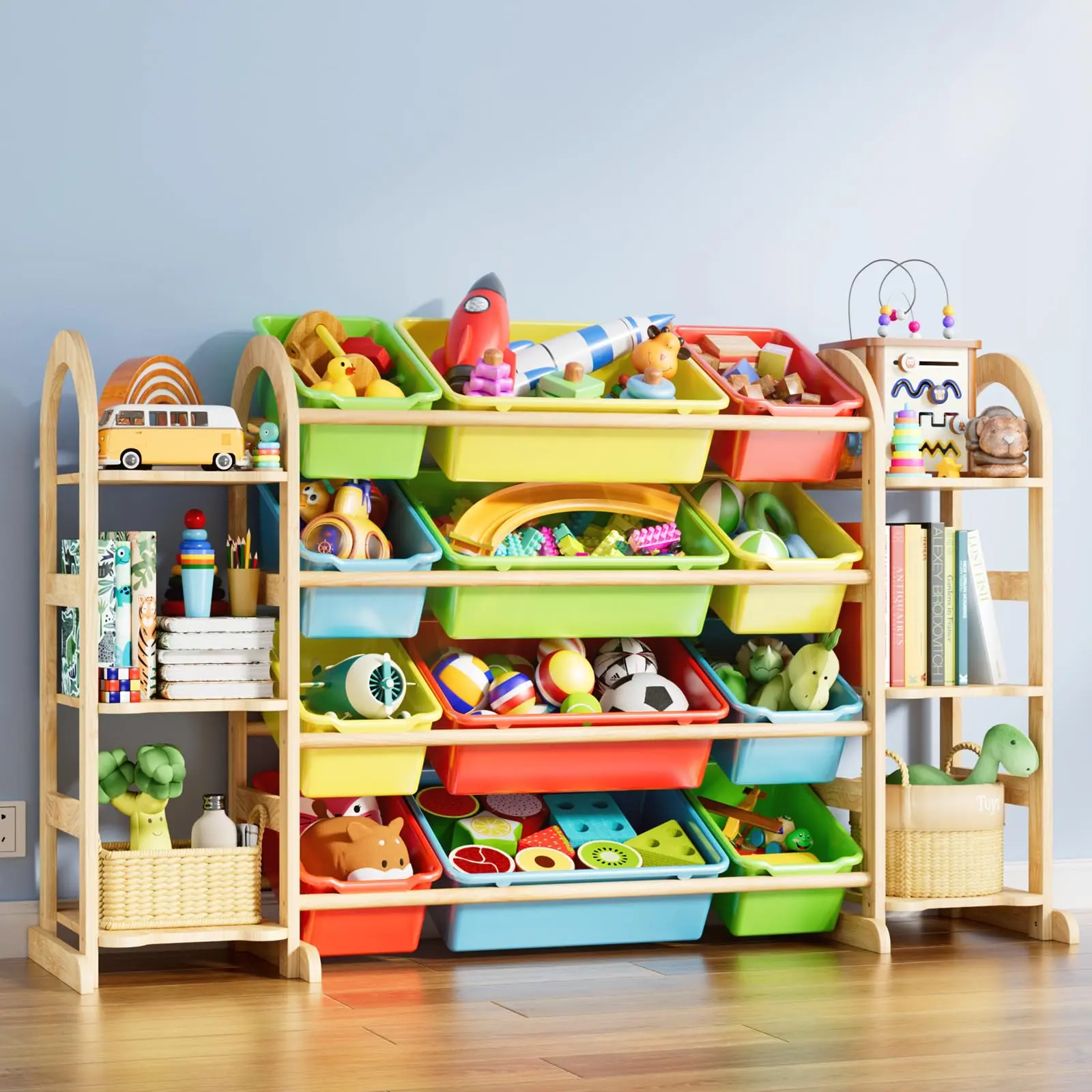 Kids Toy Storage Organizer with 12 Colorful Bins & Side Bookshelves - Wooden Playroom Shelf for Toddlers, Nursery & Bedroom (53" Wide)