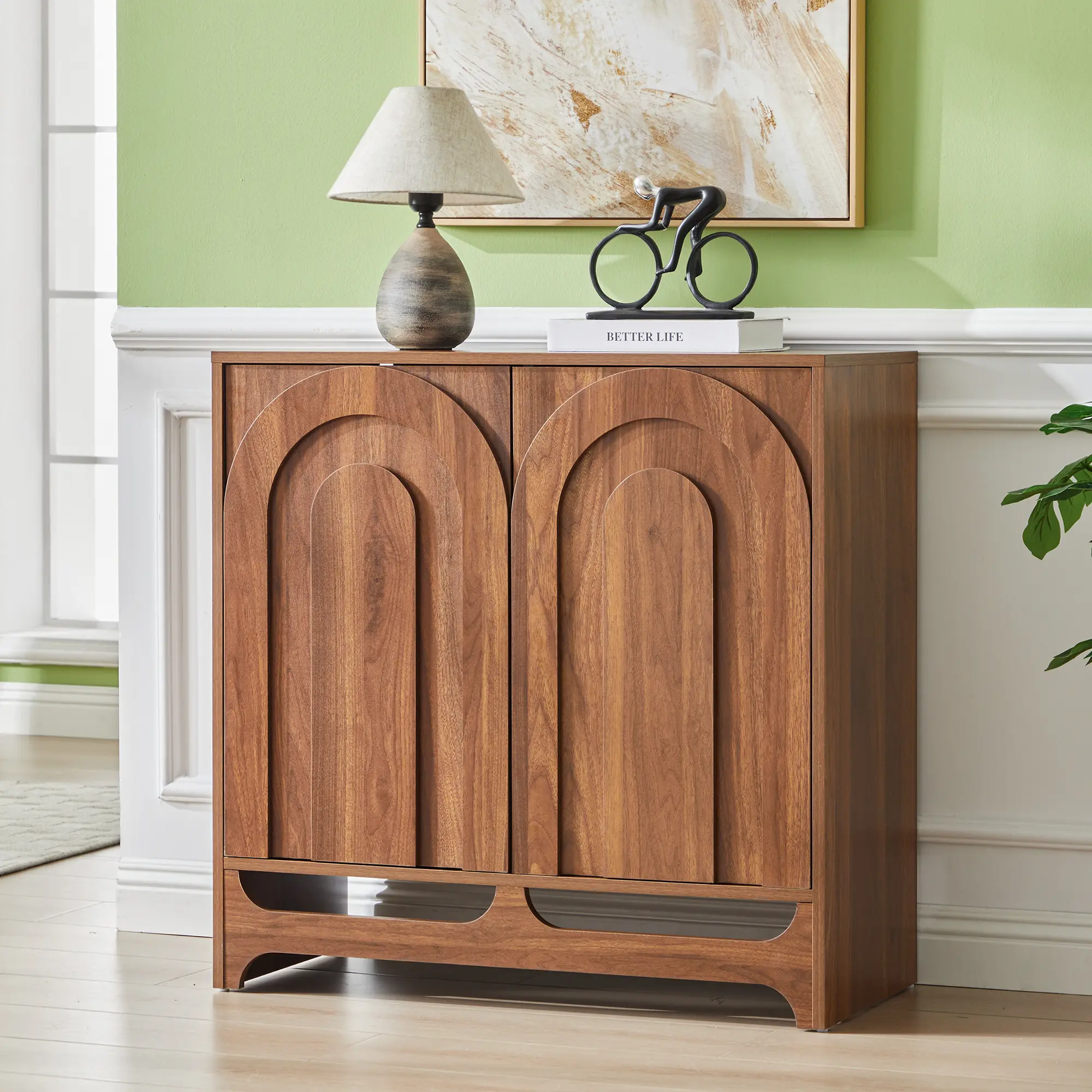 FurSch 31.5" Wooden Storage Cabinet with Decorative Arched Panel Doors, Mid-Century Sideboard Buffet Cabinet with Adjustable Shelves for Kitchen, Dining Room, Entryway