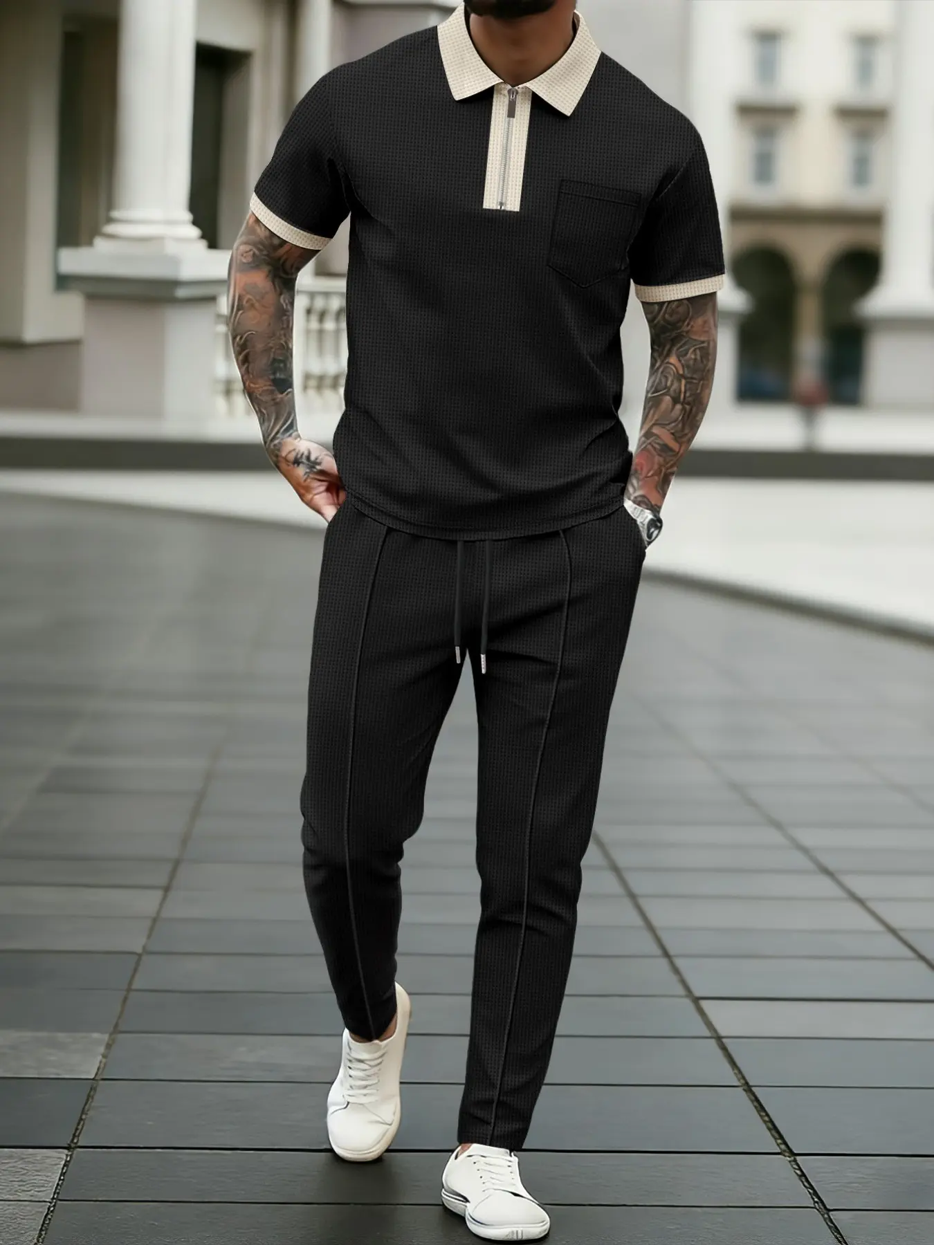 Men's Breathable Waffle Knit Set, Knitwear Set, Colorblock Sleeve Short Sleeve Knitted Polo Shirt + Drawstring Long Pants, Classic Business Casual Outfit, Top