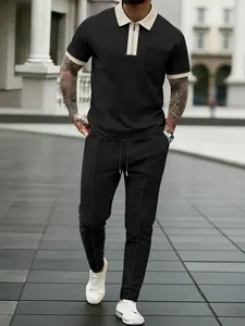 Men's Breathable Waffle Knit Set, Colorblock Sleeve Short Sleeve Polo Shirt + Drawstring Long Pants, Business Casual