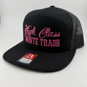 Richardson Unisex Trucker Hat - Premium Snapback, Casual Bold "White Trash" Text Print, Pink Embroidery, Breathable Mesh Back, Adjustable Fit for Country Clubs, Tailgates