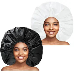 Super Jumbo Shower Cap 2 PCS Waterproof Shower Caps for Women, Extra Large Shower Cap, Reusable Super Large Bath Caps Hair Cap for Long Thick Curly Hair Light Set Cover Black + Pink