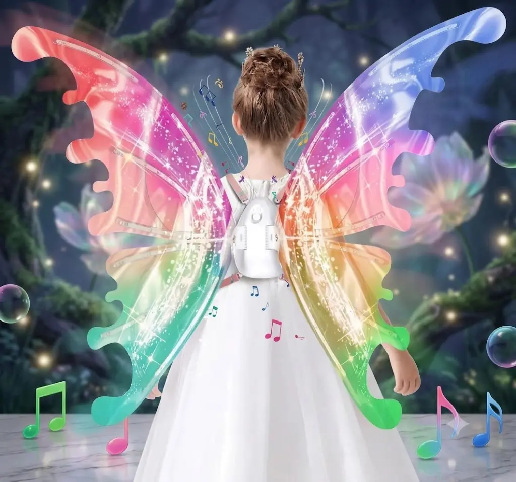 Light Up Electric Fairy Wings for Girls, Auto Moving Butterfly Wings with Music & LED Glowing Lights, Kids Princess Costume Accessories for Birthday Party Halloween Cosplay Gift