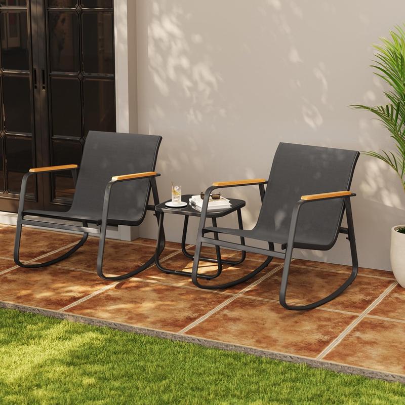 Gizoon 3 Piece Rocking Bistro Set, Textilene Fabric Patio Furniture Set, Front Porch Rocker Chairs with Coffee Table for Lawn, Garden, Balcony, Poolside (Black)