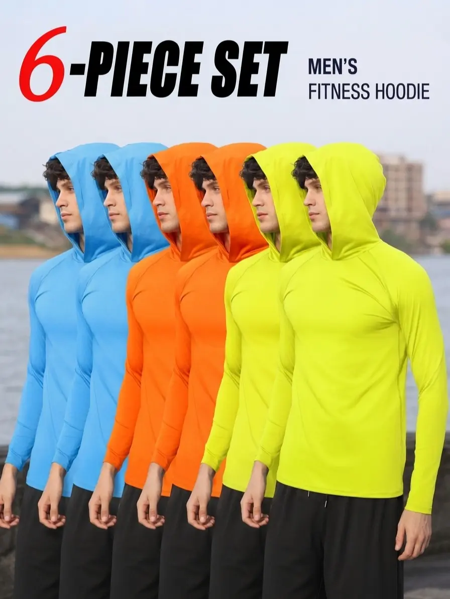 Men's Simple Classic Mixed-Color 6-Pack Plain Hoodie Pullover Set, Long Sleeve Hooded Shirts, Lightweight Polyester Mesh Breathable Tops, Outdoor Matching Streetwear, S-3XL Menswear