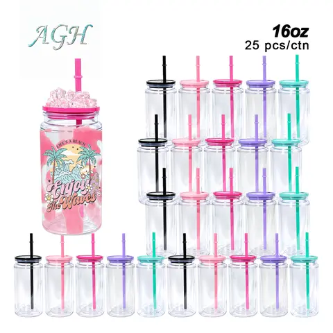 USA 15/25pcs 16 oz Plastic Acrylic Cups Double Wall Tumblers 16 oz Cups with Lid Drinkware Beer Coffee Juice Cans for Glitter DIY Gift Wholesale