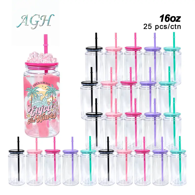 USA 15/25pcs 16 oz Plastic Acrylic Cups Double Wall Tumblers 16 oz Cups with Lid Drinkware Beer Coffee Juice Cans for Glitter DIY Gift Wholesale
