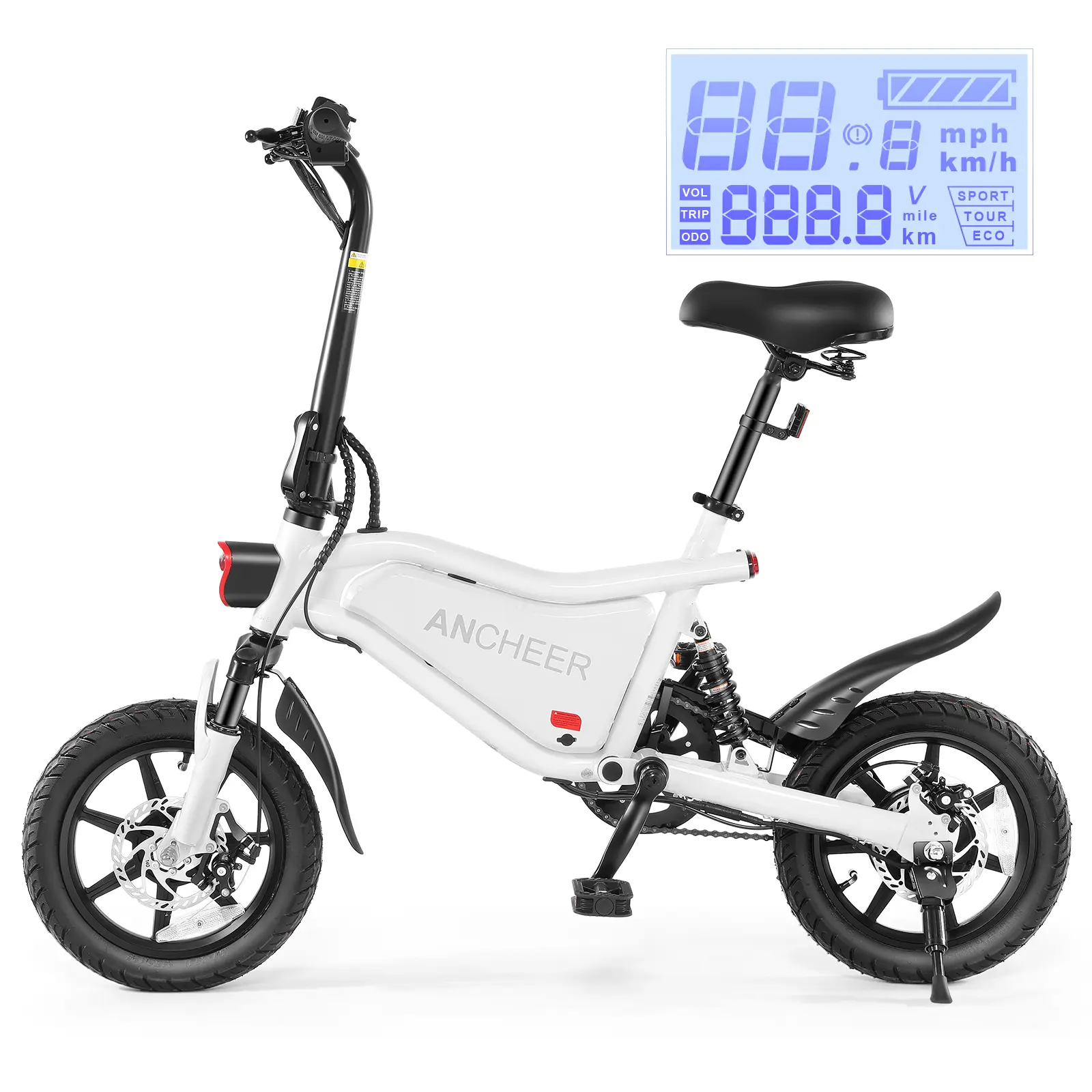 14" Ancheer Foldable Electric Bicycle for Women/Men,Peak 500W Motor with 48V 7.8Ah Battery, 19.8MPH Ebike, UP to 45 Miles Electric Bikes, Cruise Control Ebikes, LCD Digital Display, Dual Suspension
