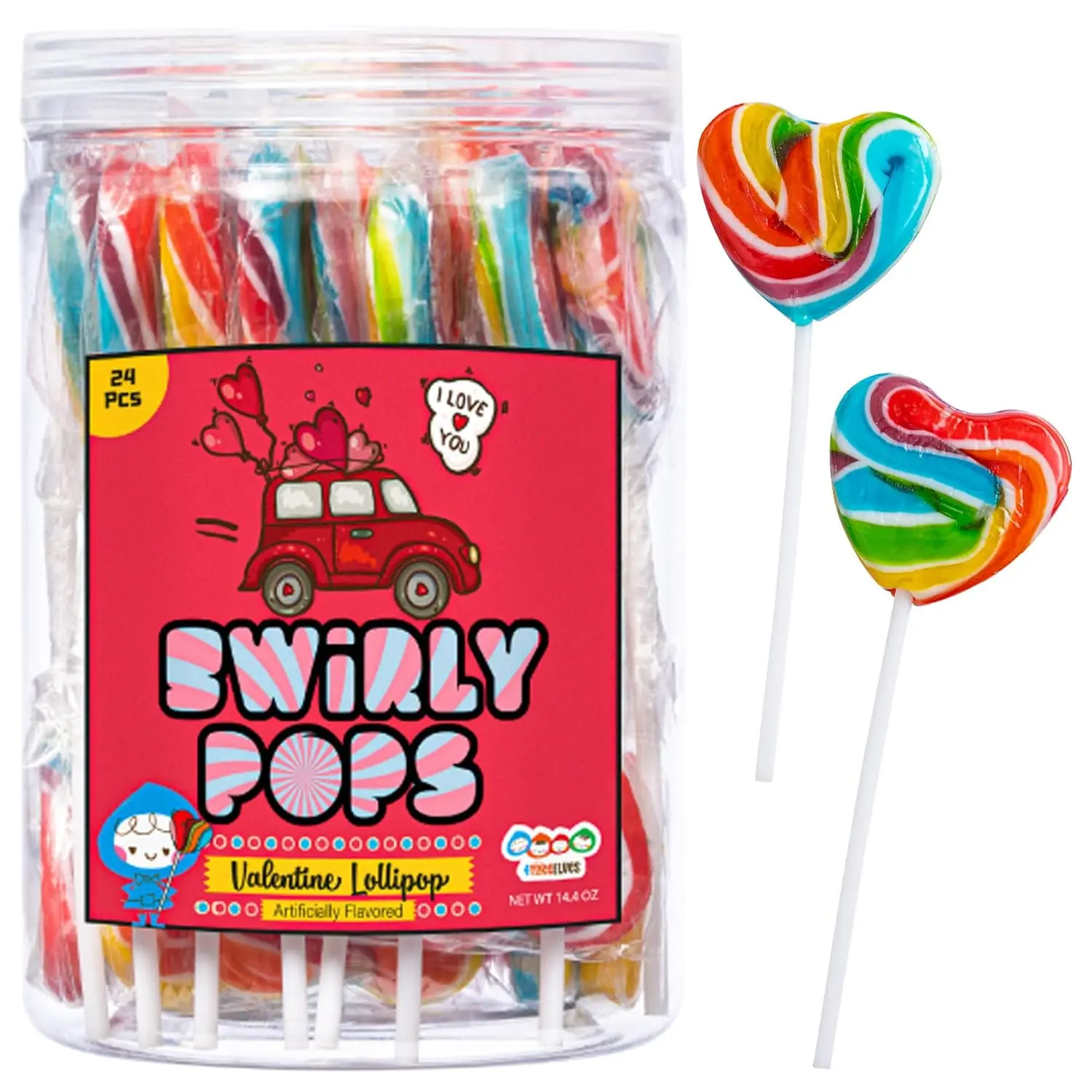 24 Heart Rainbow Lollipops Individually Wrapped, Bursting with Fruity Flavor, Great Swirl Lollipops for Kids Birthday Parties, Valentines Lollipop Party Favors and Cake Toppers, By 4YoreElves (24)
