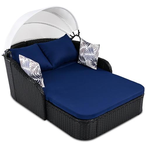 79.9 Inch Outdoor Sunbed with Adjustable Canopy Double Lounger PE Rattan Daybed Black Wicker Patio Furniture with Cushions for Poolside Backyard Garden (Black+Blue) 79.9 Inch Outdoor Sunbed with Adjustable Canopy Double Lounger PE Rattan Daybed Black Wicker Patio Furniture with Cushions for Poolside Backyard Garden (Black+Blue)