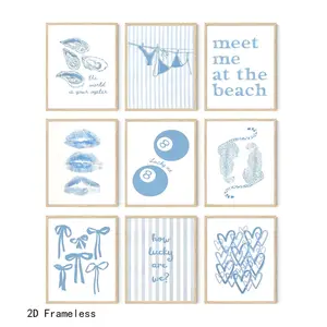 9-piece set, Coastal-themed wall art posters: Blue Oyster Bikini, No. 8 Ball, Leopard-Print Bow. Wall decor featuring trendy, preppy beach-inspired prints. Perfect for decorating girls' dorm rooms, galleries, and bedrooms. Frameless, Wall Decoration.