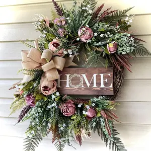 Neutral Color Farmhouse Style Wreath with Peony Flowers, Home Signboard, Hemp Cloth Bow, All-Season Decor, Mixed Floral Wreath for Porch, Living Room, Entryway, Decorative Flower Wreath