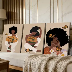 3 Counts Wooden Framed Canvas Painting, Elegant Woman Holding Sunflowers And Butterflies Images, Exquisite Poster, Perfect Living Room Decoration, Modern Art, Fashion Family Poster, Wall Art Decoration, Waterproof Art