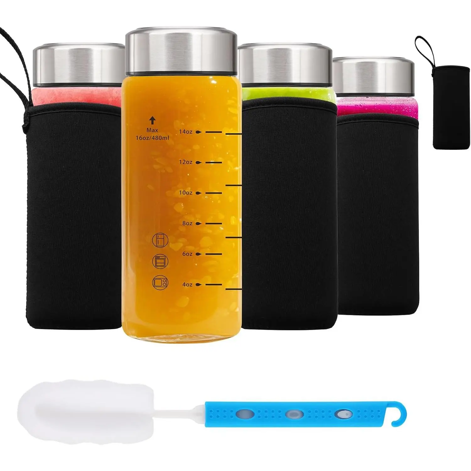 Glass Juice Bottles 16oz-4 Pack  Glass Water Bottles with Lids and Sleeve- for Juicing Smoothies Protein Reusable Stainless Steel Lids Leak Proof Borosilicate