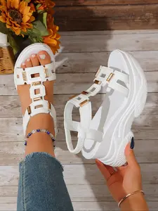 Women's Summer Sandals, Fashion Wedge Heel Waterproof Thick Sole, PU Leather Fish Mouth Design, Casual Beach Slippers, Wholesale Large Sizes, Elevated Sandals