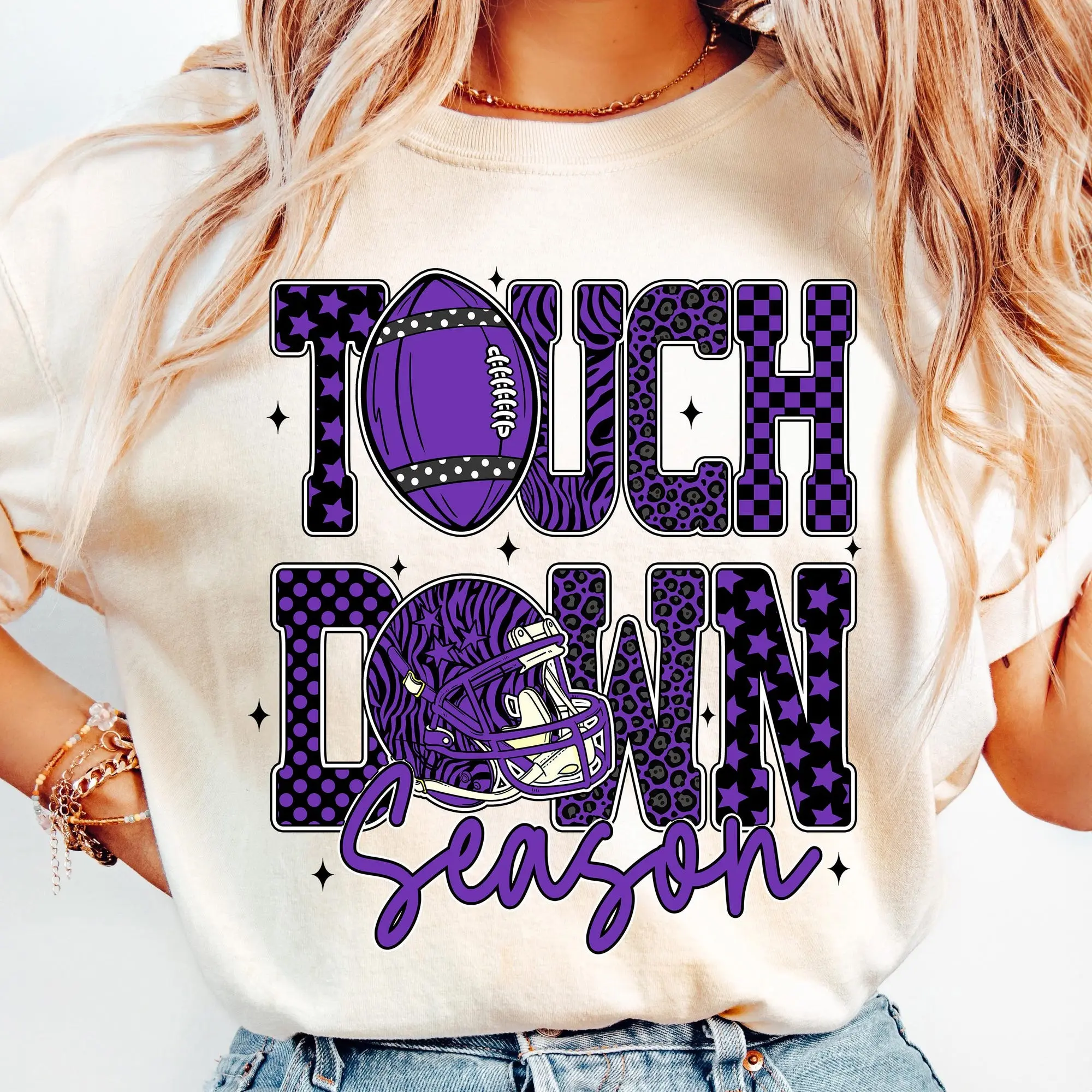 Purple Football T-Shirt, Game Day Touchdown Season T-Shirt, Fall Football Shirt Design, Leopard Football Checkered T-Shirt Retro Football Mom Tee