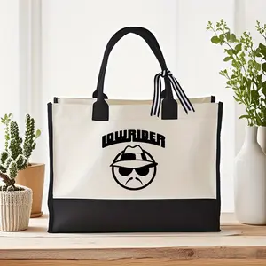 1pc Lowrider Logo Printed Tote Bag for Women - Black & Beige Two-Tone Design, Durable Polyester Large Capacity Beach Camping Shopping Bag with Sturdy Handles, Hand Washable Casual Chic Gift Tote, Quality Strap Design