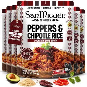 San Miguel de Origen 10g Protein Mexican Peppers and Chipotle Rice Pouches, Cooked in Bone Broth & Avocado Oil - Ready to Eat Microwave Rice - Gluten Free Mexican Rice Pouch - Easy Meal - (6-Pack) 8.8oz