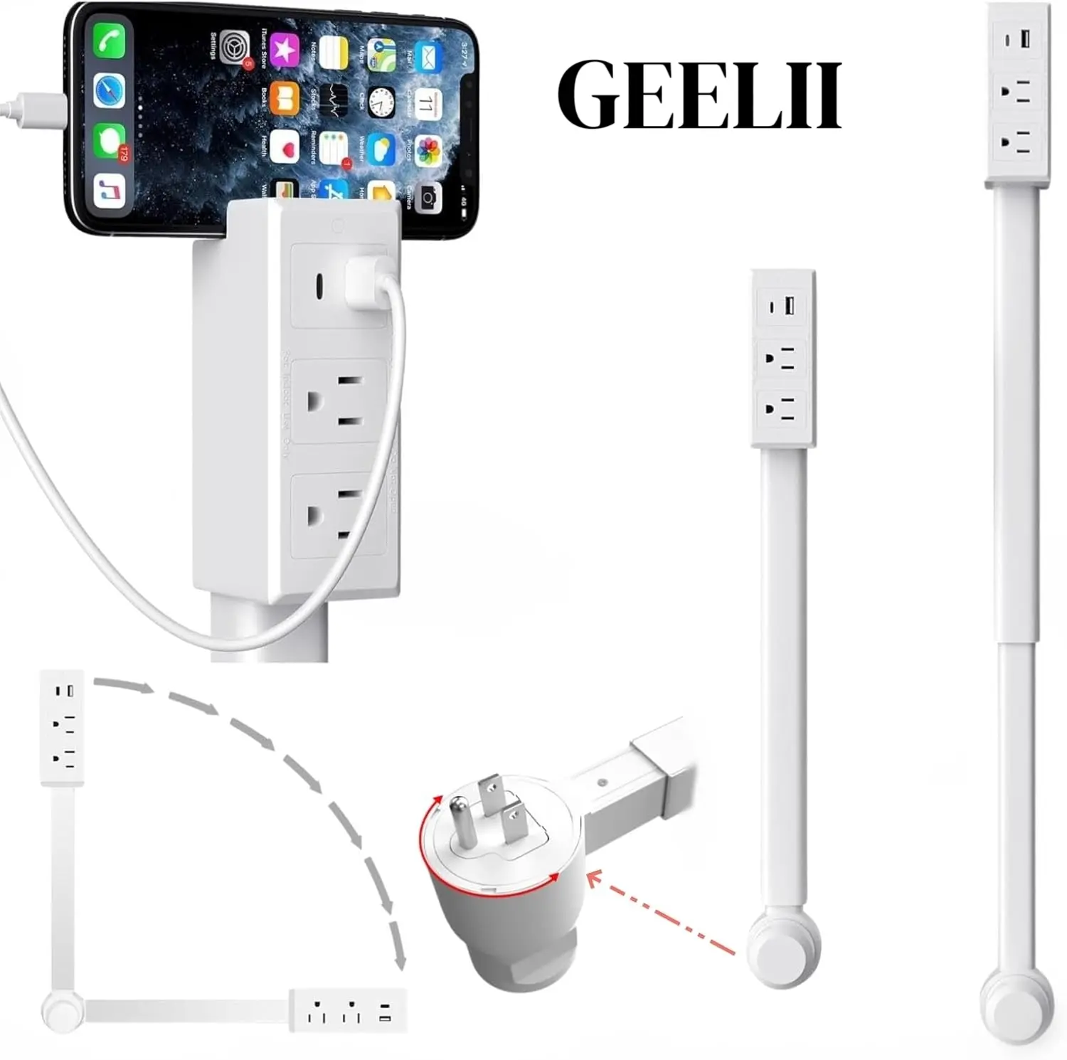 Surge Protector Outlet Extender, 22-34" Extendable Stick with Fire-Resistant Casing, Rotates 180° for Behind Furniture, Hassle-Free Setup with 2 AC Outlets, USB-C & USB-A Ports, ETL Listed
