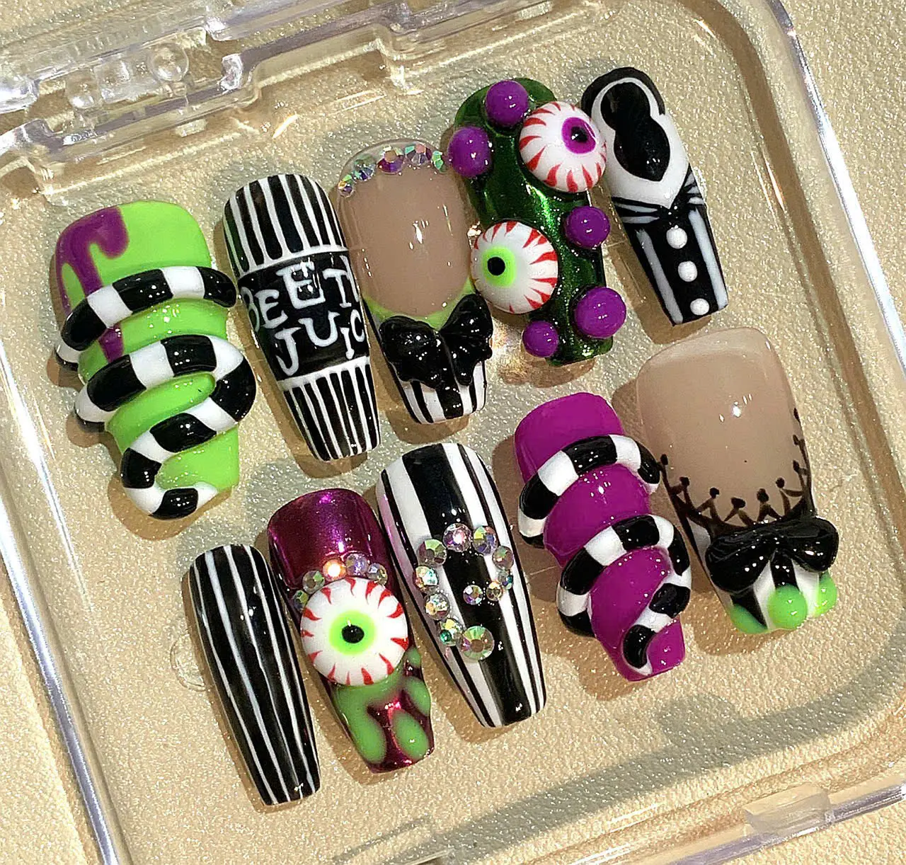 Beetlejuice 3D Halloween Press On Nails | Handmade Spooky Stripe Nail Set with Eyes & Bows | Creepy Cute Horror Nails for Halloween Party