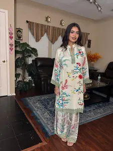 Crepe Co-Ord Set - Elegant Design with Stone & Mirror Work, Lined Top for Comfort, Unlined Pant for Breathability, All-Over Print, Semi-Formal Ensemble