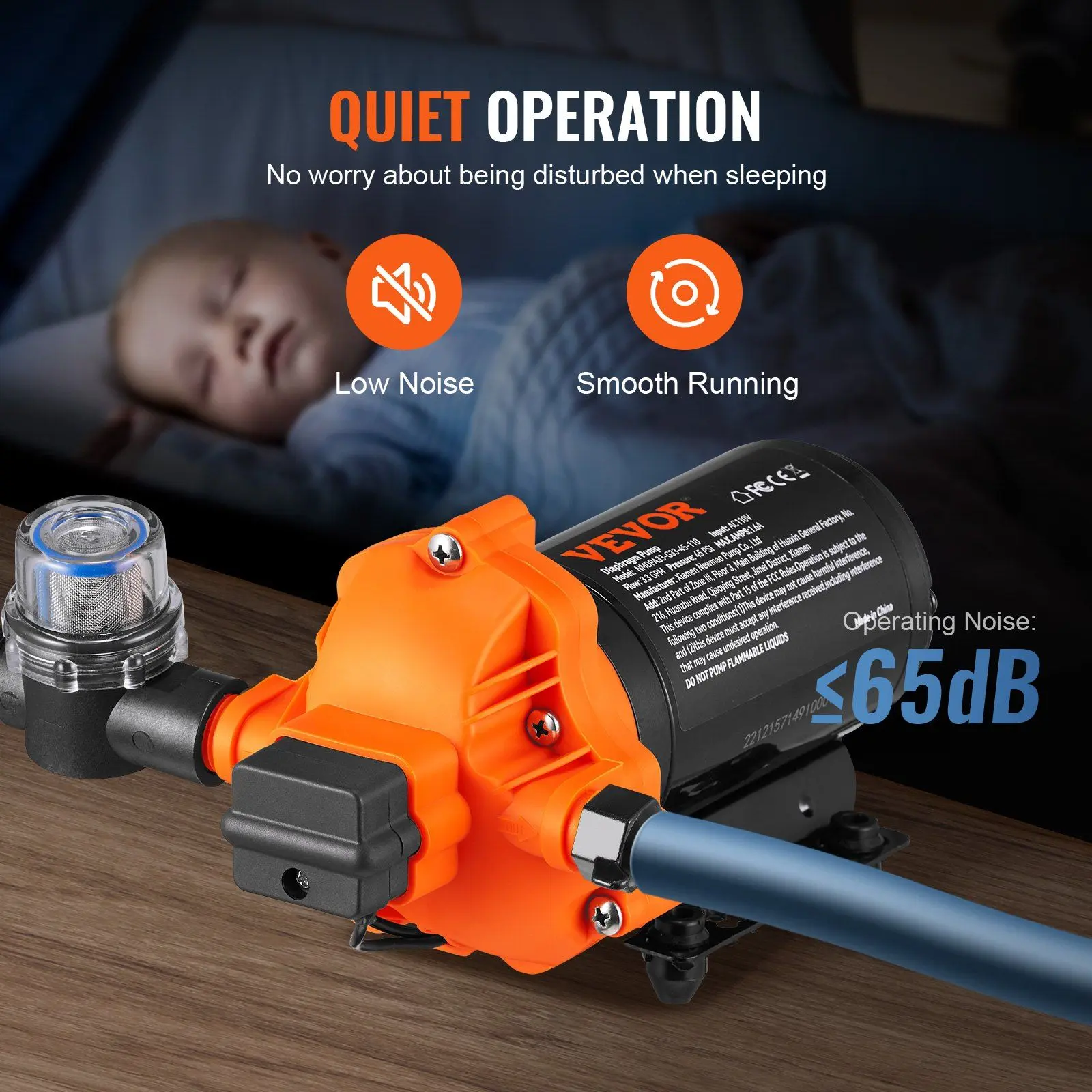 VEVOR 110V AC Self-Priming Water Diaphragm Pump, 3.3 GPM Flow, 45 PSI Rated (40-80 PSI Adjustable Pressure), 1/2" MNPT Thread Sprayer Pump with Pressure Switch, FCC Certified for RV Users, Marine Boats