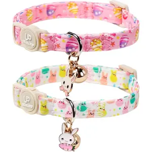 2Pack Easter Day Cute Breakaway Cat Collars Spring Pink Easter Eggs Bunny Kitten Collar with Bell Safety Buckle for Girl & Boy Cats