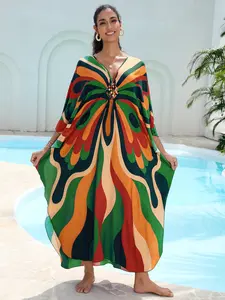 Women's Boho Kaftan Beach Cover-Up, Hand Woven Butterfly Print, Loose-Fitting Sun Protection Bikini Outerwear, Swimsuit Cover Up, All Seasons