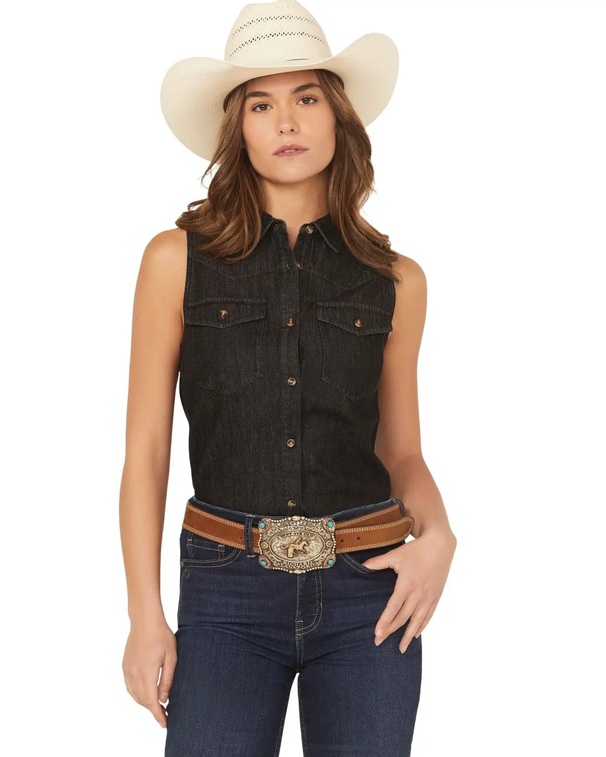 Shyanne Women's Women'S Chambray Sleeveless Button-Down Western Shirt - Srsu25w13-Blk