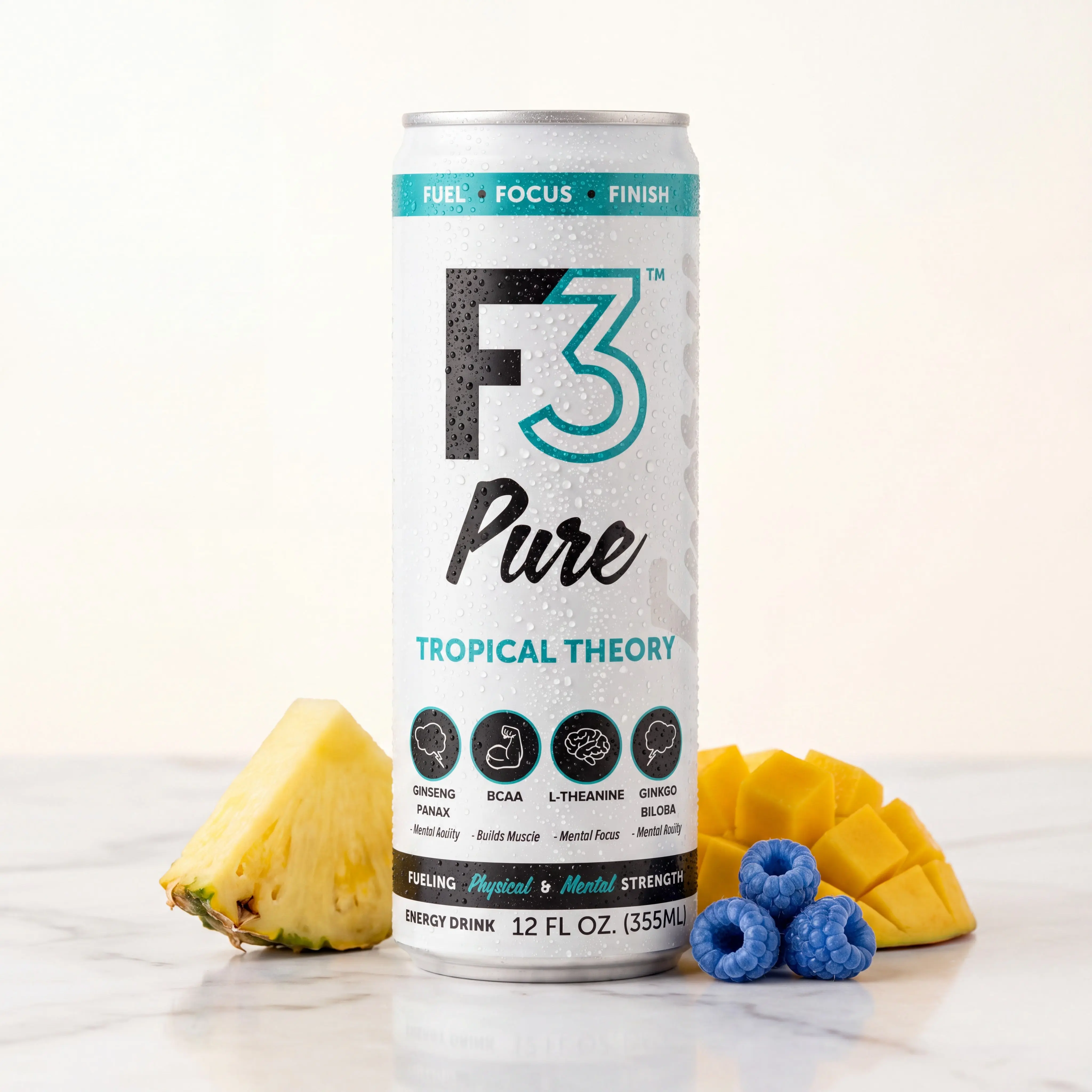 F3 PURE Tropical Theory Natural Tropical Fruit Energy Drink - Caffeine & Green Tea Infused, 12-Pack Caffeine Energy Drinks, Green Tea Energy Drinks