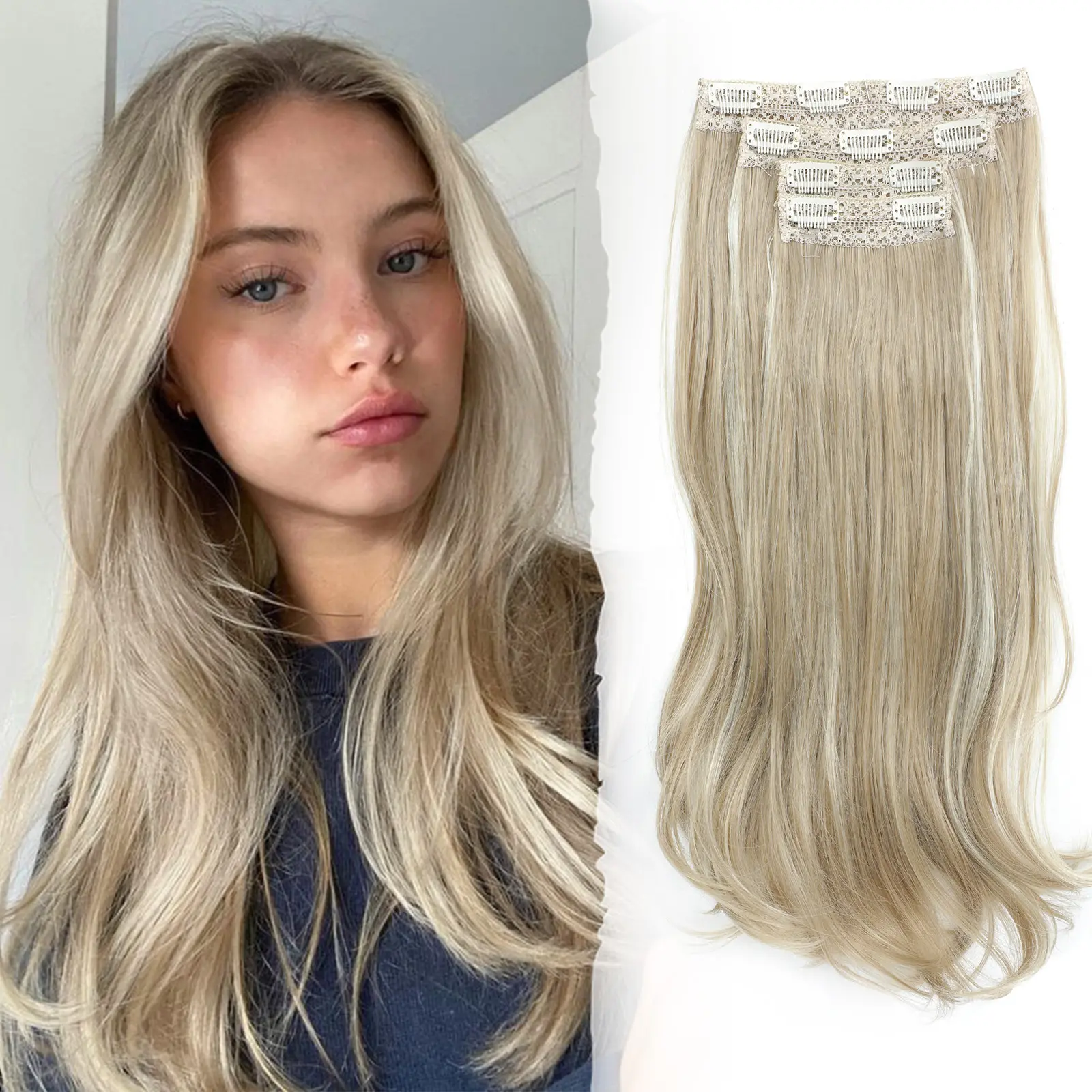 Paneway Clip Hair Extensions - 4PCS 20-Inch Water Wave Synthetic Hairpieces, Upgraded Invisible Thin Lace Weft, Soft Clip-In Extensions for Women's Daily Use, Picnic Ready