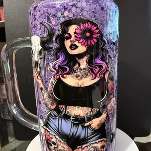 16oz Purple Glitter Cup Thick and Tired Decal with Tattooed Woman Design and Floral Accent