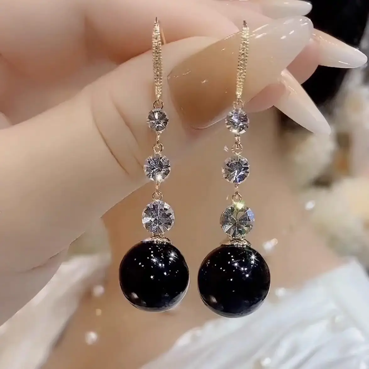 Long Black Beaded Earrings for Women, Elegant Vintage Chic Lightweight Jewelry