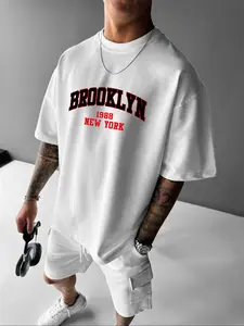 Men's New York 1988 Large Letter Print Casual T-Shirt, Loose Fit, Short Sleeve, Round Neck, Polyester, Spring & Fall