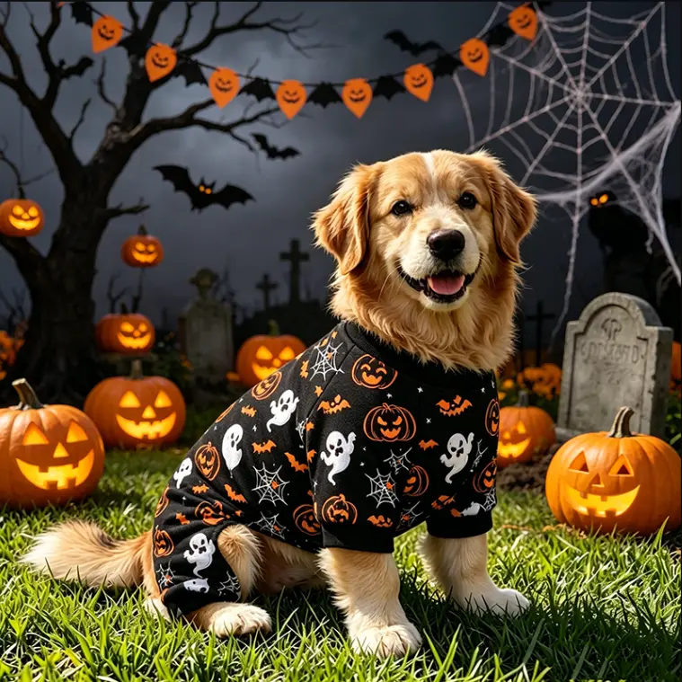 Pet 4-Leg Polyester Onesie - Yellow Pumpkin & Little Bat Prints, Cute Festive Look, Easter/Hallowe'en Elements, Easy-Wear Design, Ideal for Small/Med Pets (Poodles, Bichon Frises, Schnauzers)