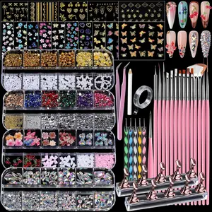 Teenitor 4 Boxes Nail Charms and Gems Set, Nail Rhinestones Nail Kit with Nail Art Brushes Nail Stand, Nail Gems Nail Design Tools with 15pcs Nail Stickers, Gold Nail Pearls for Women Nail Decorations