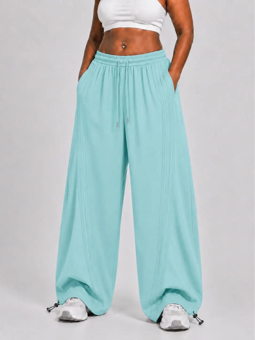 Flooo 2026 New Arrival Tiffany Blue American‑Style Side‑Striped Casual Pants for Women, Trendy Spliced Draping Wide‑Leg Sweatpants