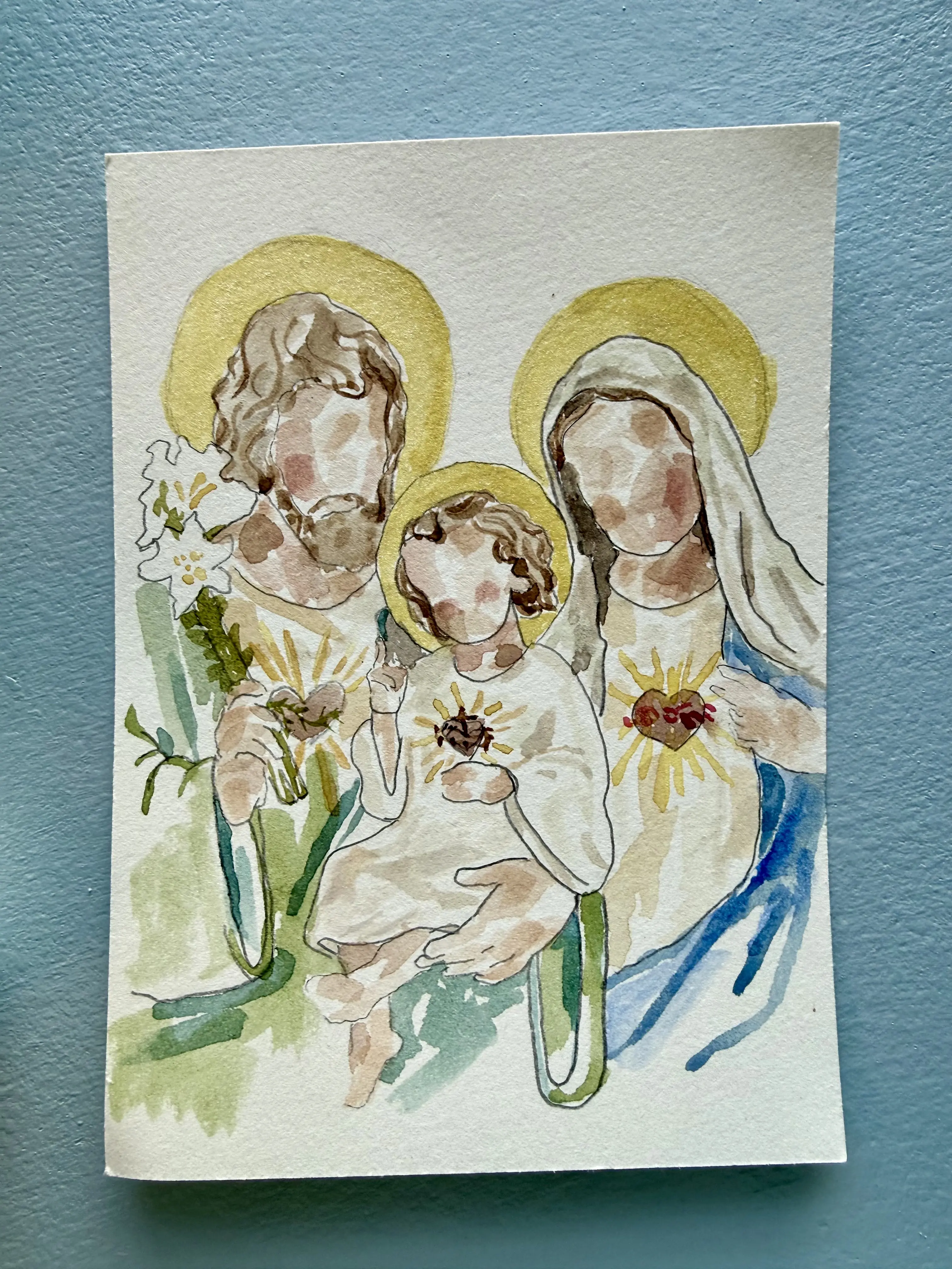 Handmade Sacred Family Watercolor Painting - Catholic Holy Family Wall Art, Christian Collectible Cultural Decor