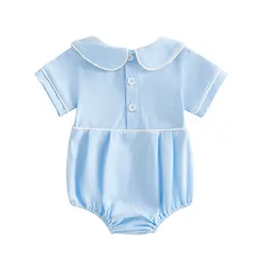 Newborn Baby Boy/Girl Peter Pan Collar Romper - Short Sleeve, Contrast Trim, Solid Color (White/Blue Options) | Newborn Coming Home Outfit, Classic Baby Clothes