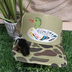 Camouflage Duck Design Trucker Hat with Feather Accent and Colorful Pattern