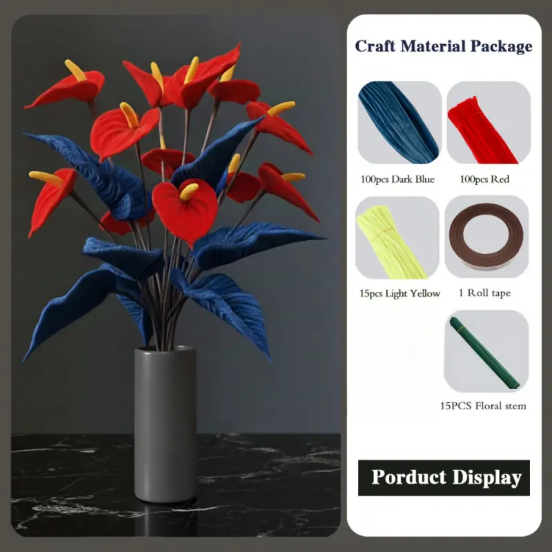 231-piece blue anthurium pom-pom bouquet set, including 215 pom-poms, 15 flower stems, and 1 roll of brown tape, an upgraded DIY craft set suitable for Mother's Day, graduation ceremonies, home decoration, and holiday gifts