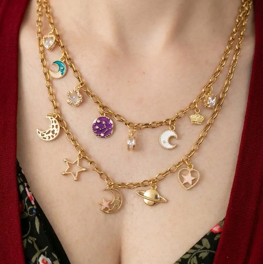 Cosmic Harmony Layered Necklace with Filigree Moon Venus Planet Enamel Moon Open Star Charms for Women Handmade